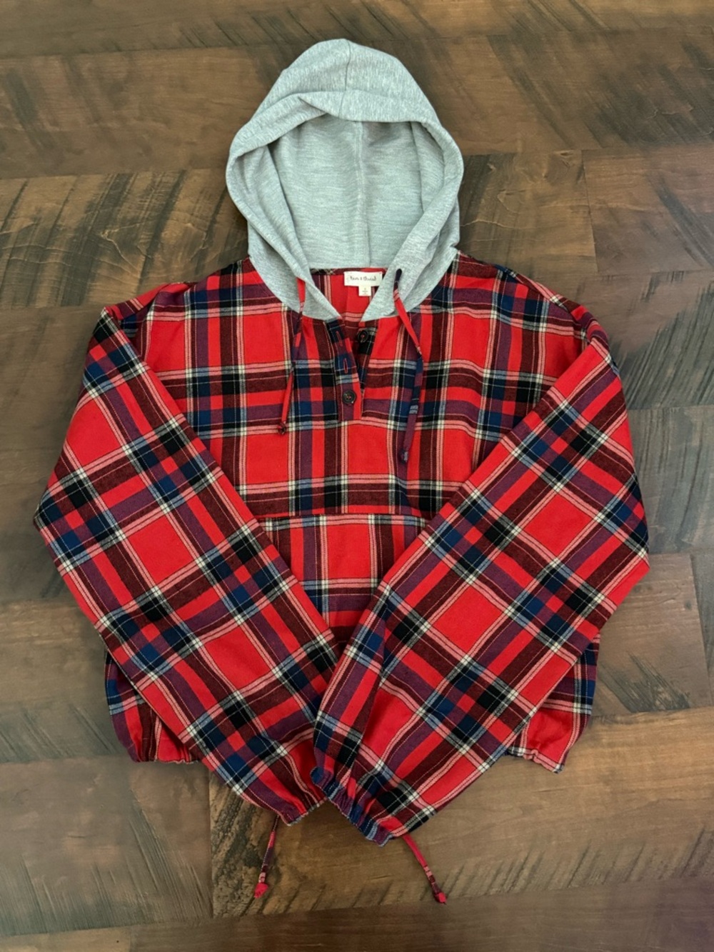 Hem & Thread Red Plaid Cotton Red Navy Hooded Pullover Top Women Small